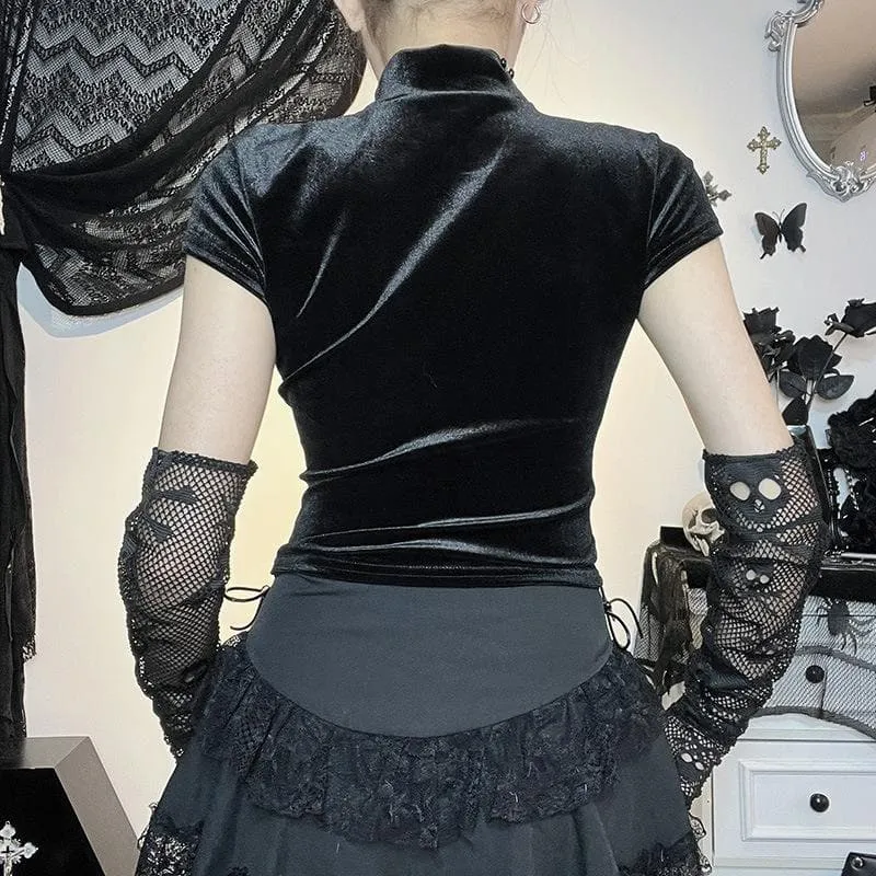 Cap sleeve mesh cross pattern velvet high neck solid top