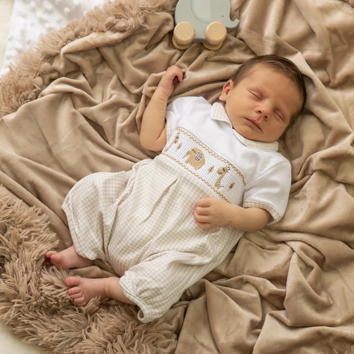 Taupe Jungle Friends Smocked Romper